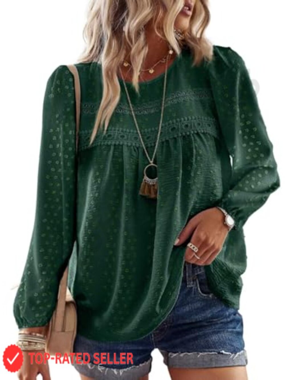 Womens Crochet Lace Boho Long Sleeve Blouse Loose Fit Casual Top